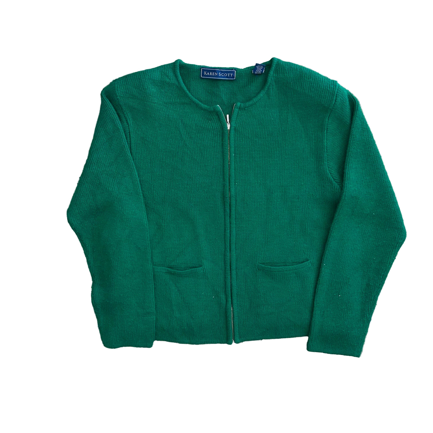 Karen Scott Green Acrylic Wool Zip Up Sweater - Medium - 20" x 21"