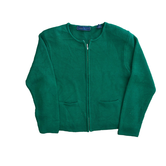 Karen Scott Green Acrylic Wool Zip Up Sweater - Medium - 20" x 21"