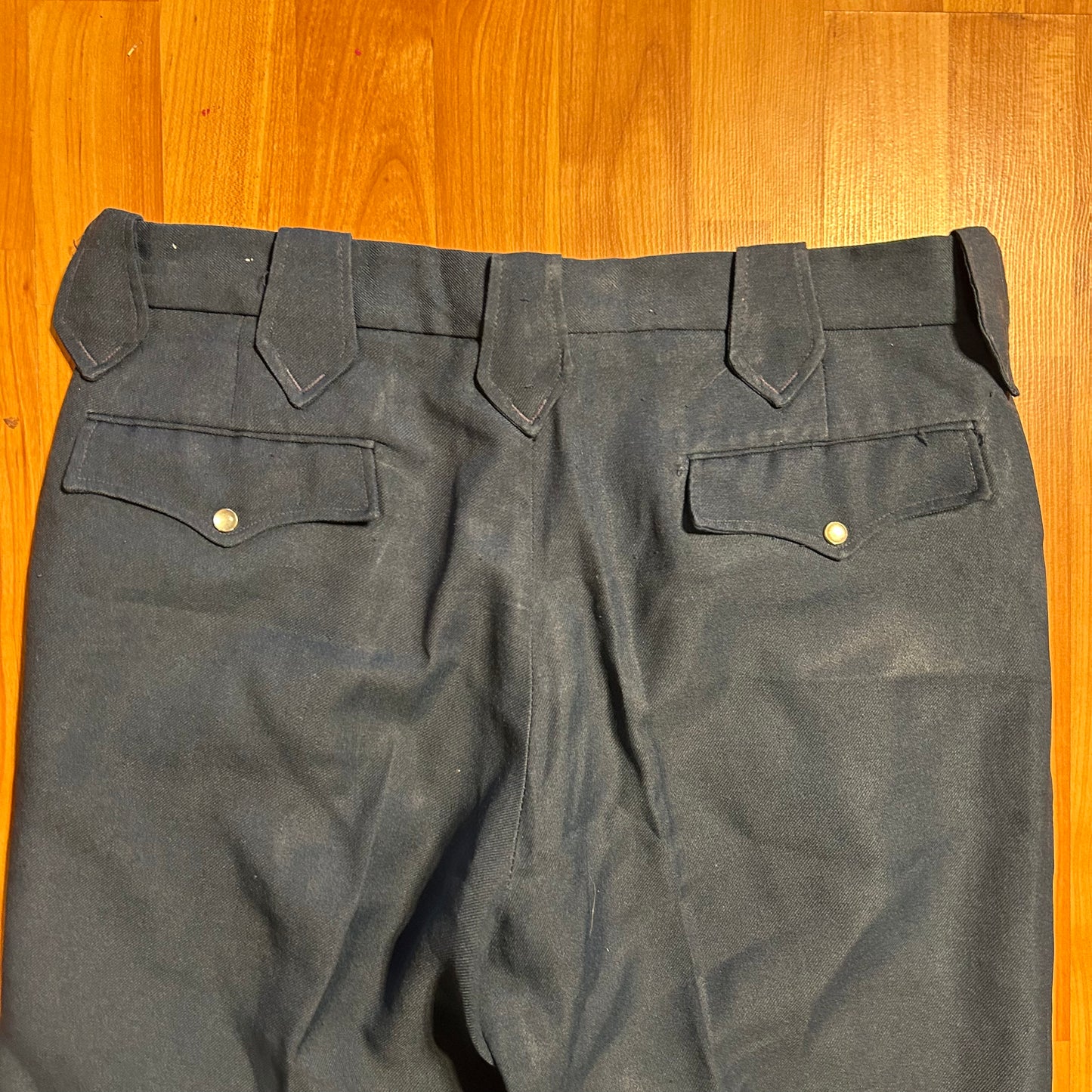 80/90's Dacron Shedder Exclusive Navy Blue Pearl Snap Dress Pants Slacks - 34" x 29"