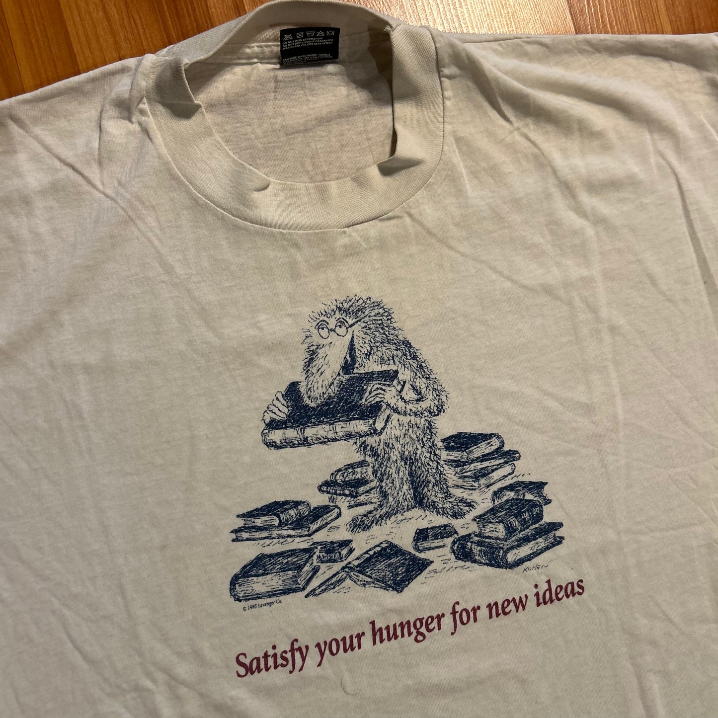90’s Screen Stars Edward Koren Satisfy Your Hunger for New Ideas Books Reading White Paper Thin Tshirt - Large - 23" x 27.5"