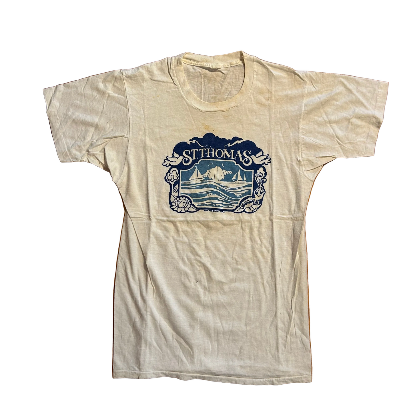 70’s St Thomas Boating Tourist White Tshirt - XSmall - 17" x 27"