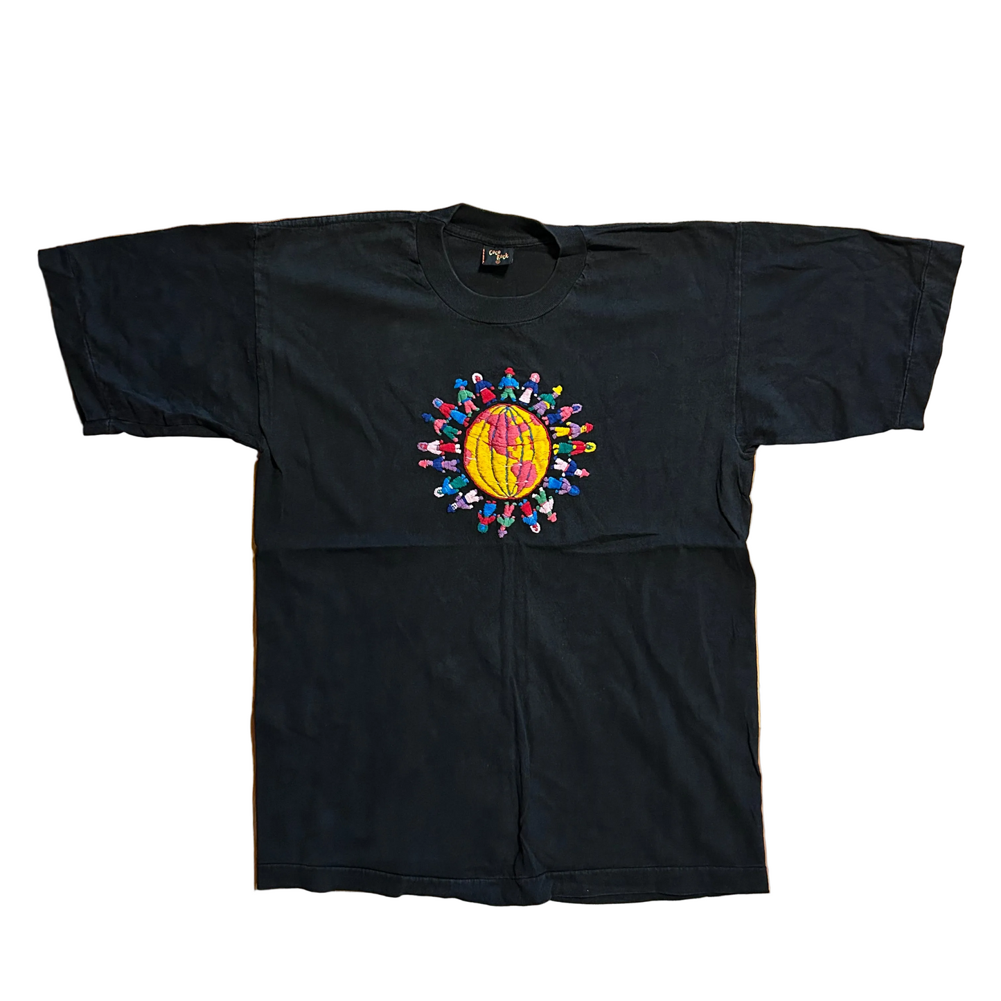 90’s Coco Rock Black Embroidered People Globe Cotton Tshirt - Medium - 21" x 28"