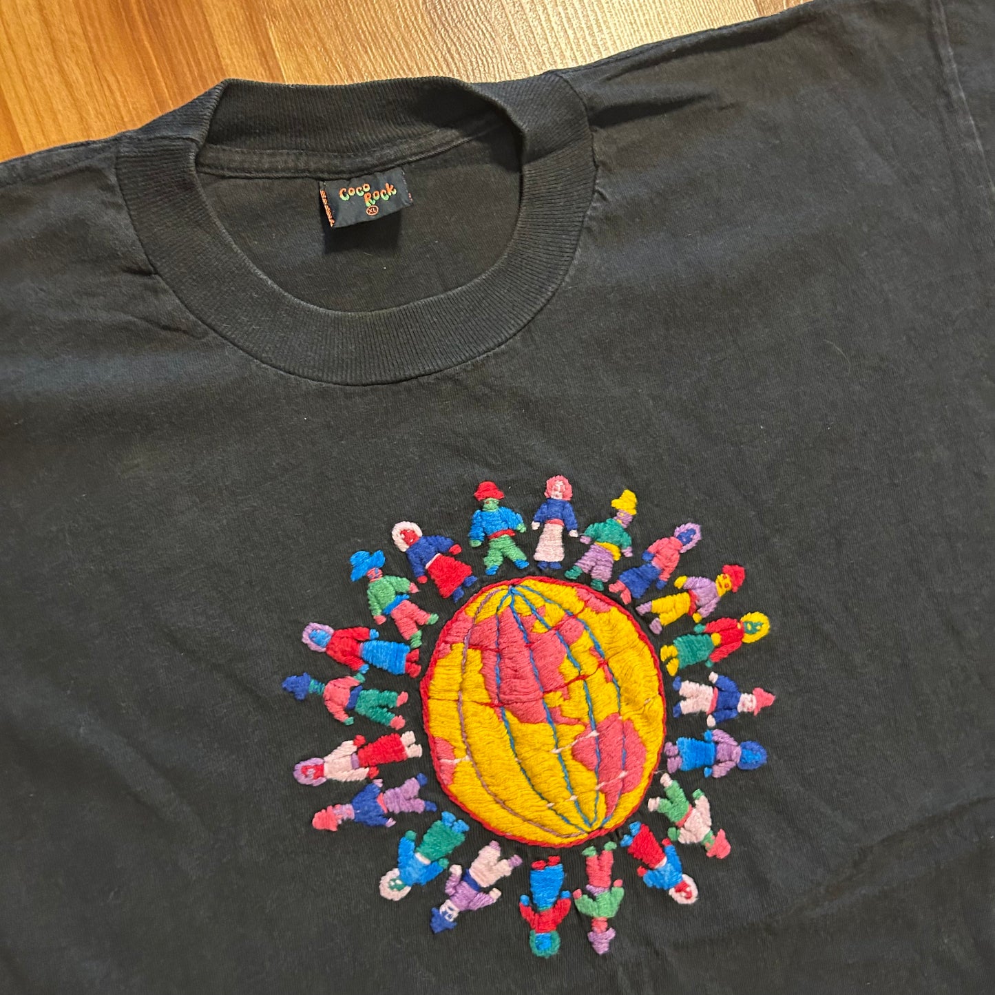 90’s Coco Rock Black Embroidered People Globe Cotton Tshirt - Medium - 21" x 28"