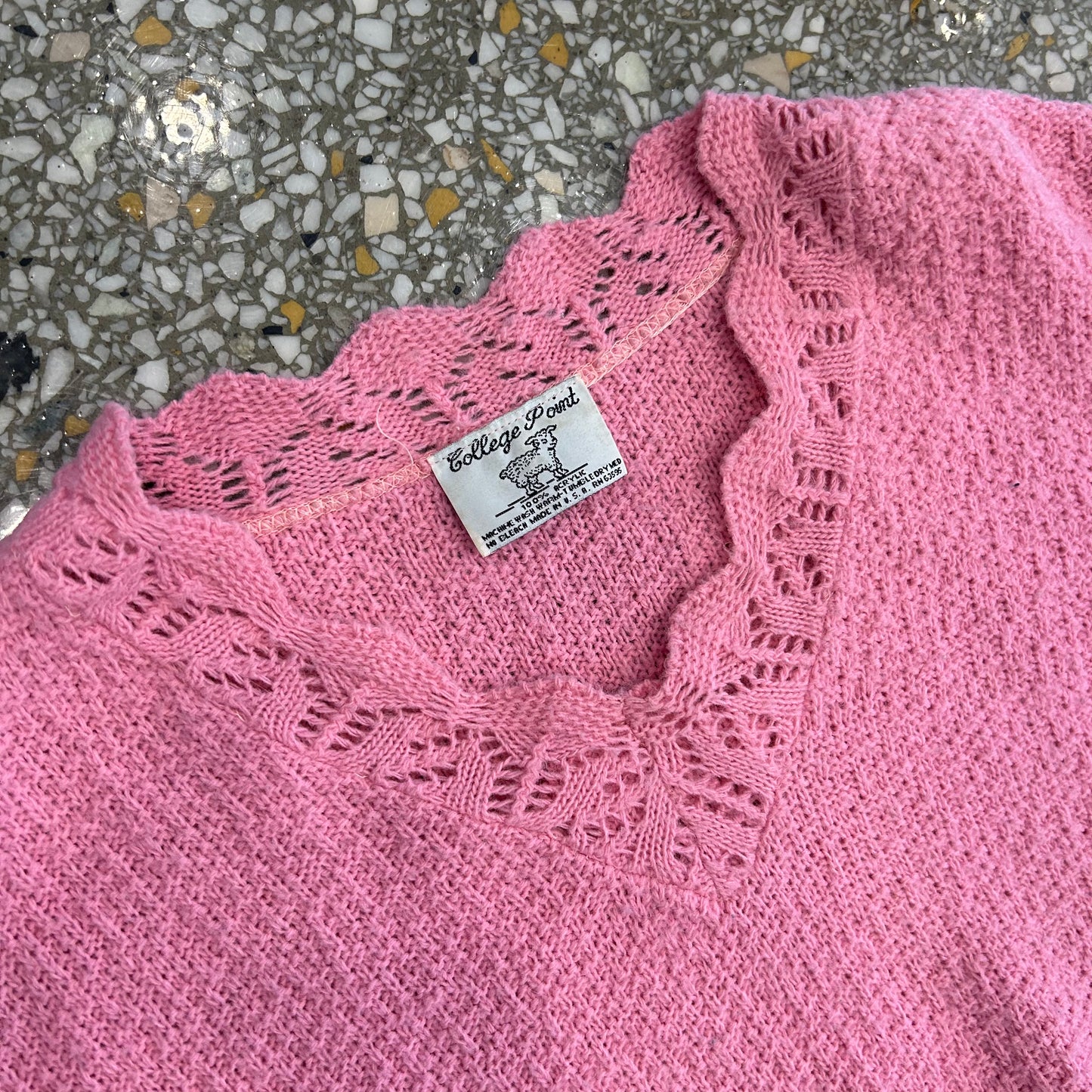 80's College Point Acrylic Pink Lace Sweater - Medium - 20" x 22"