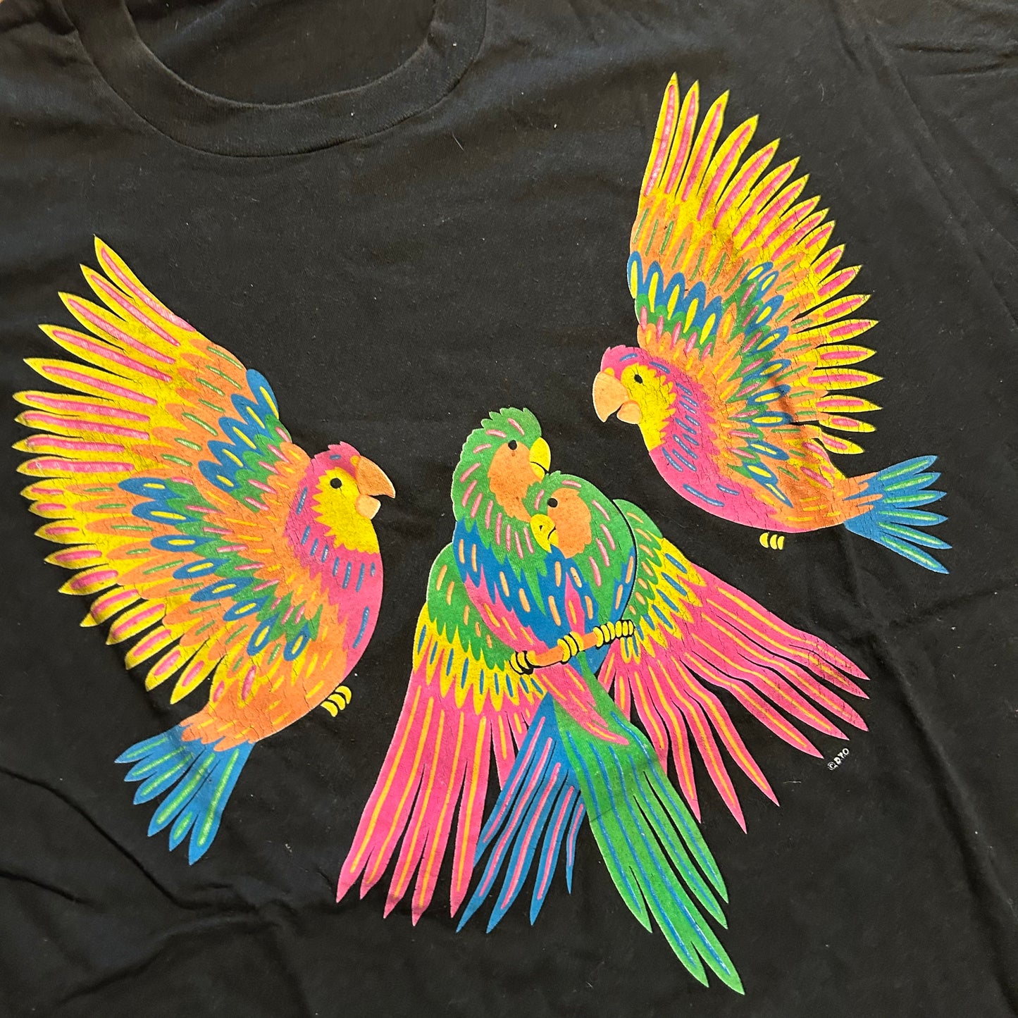 80/90’s Screen Stars Parrots Black Cotton Tshirt - Large - 23" x 31"