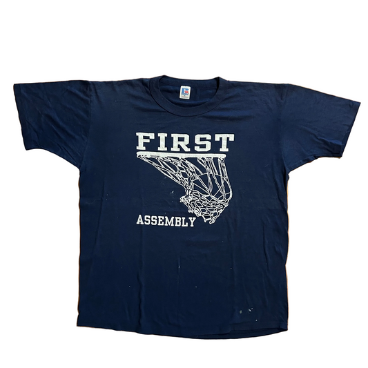 80’s Russell Athletic First Assembly Basketball Paper Thin Navy Blue Tshirt - XLarge - 24" x 28.5"