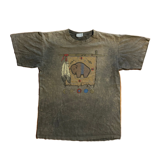 90’s Soft Goods USA Native American Buffalo Bison Brown Green Faded Tshirt - Large - 23" x 31"