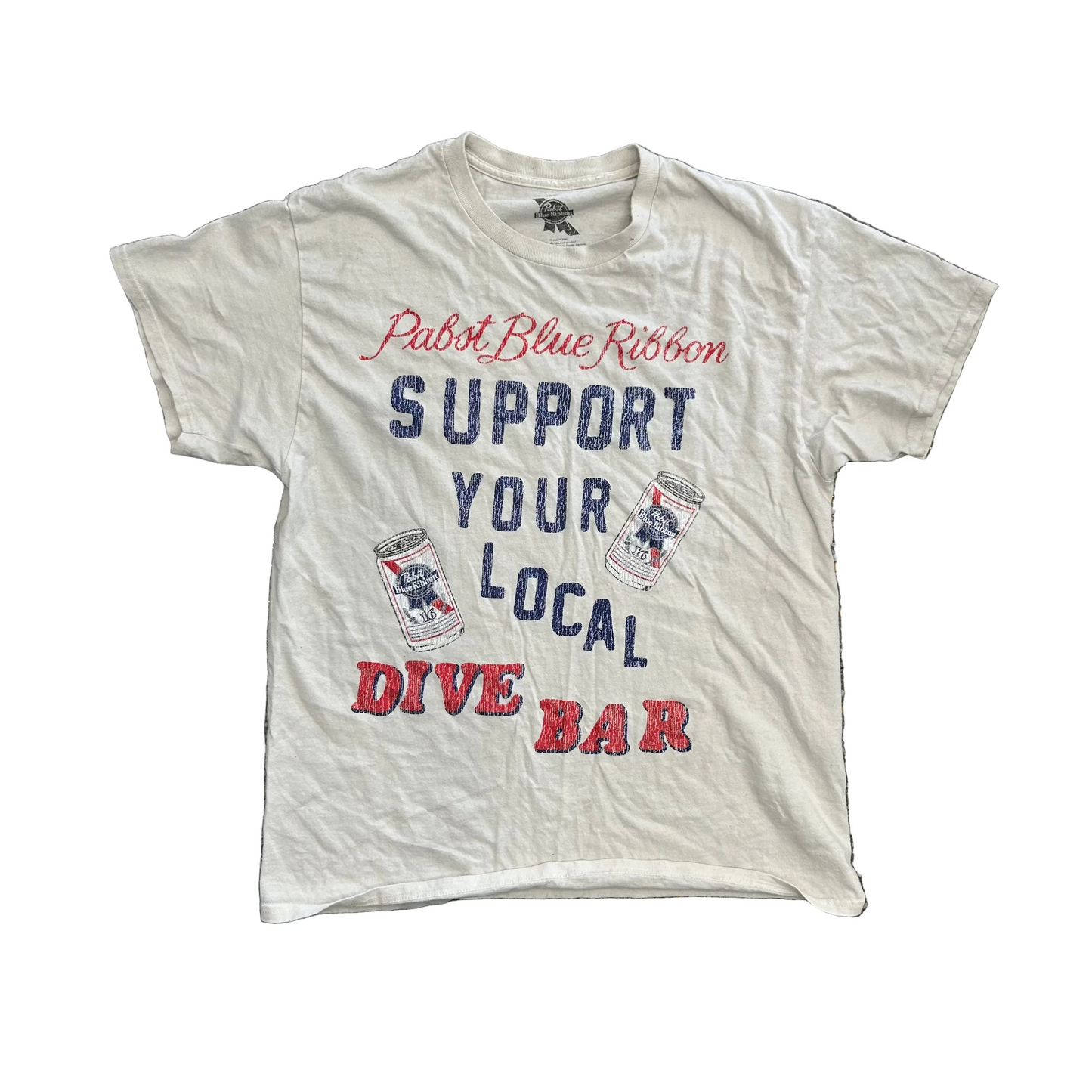 Pabst Blue Ribbon PBR Support Your Local Dive Bar White Tshirt - Medium - 21" x 28"