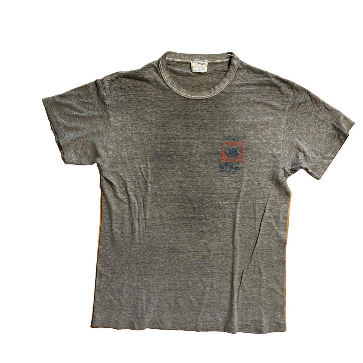 80/90’s Hanes Polycotton Methodist Memphis Hospitals Cardiac Rehab Grey Paper Thin Tshirt - Small - 19" x 26"