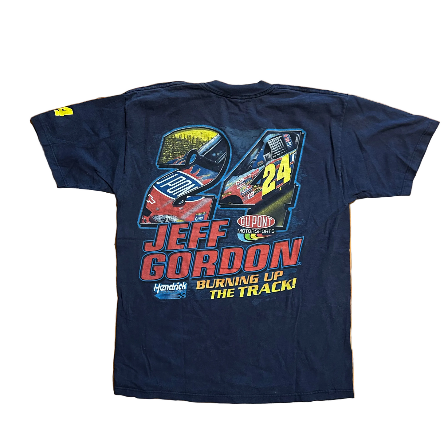 00’s Jeff Gordon Burnin Up The Track Navy Blue NASCAR Tshirt - Medium - 20" x 27"