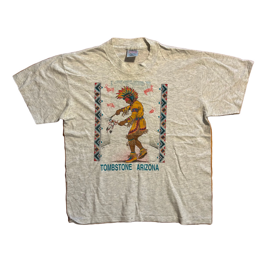 90’s Oneita Power 50 Tombstone Arizona Native American Grey Tshirt - Medium - 21" x 25.5"