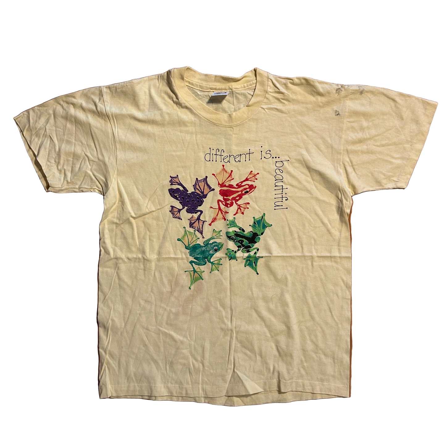 90’s Anvil Different is Beautiful Frog Paint Yellow Tshirt - Large - 22" x 29"