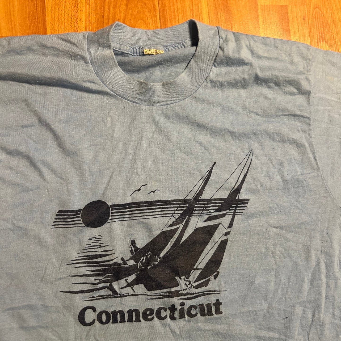 80's Screen Stars Connecticut Water Sailing Light Blue Tshirt - Small - 19" x 26"