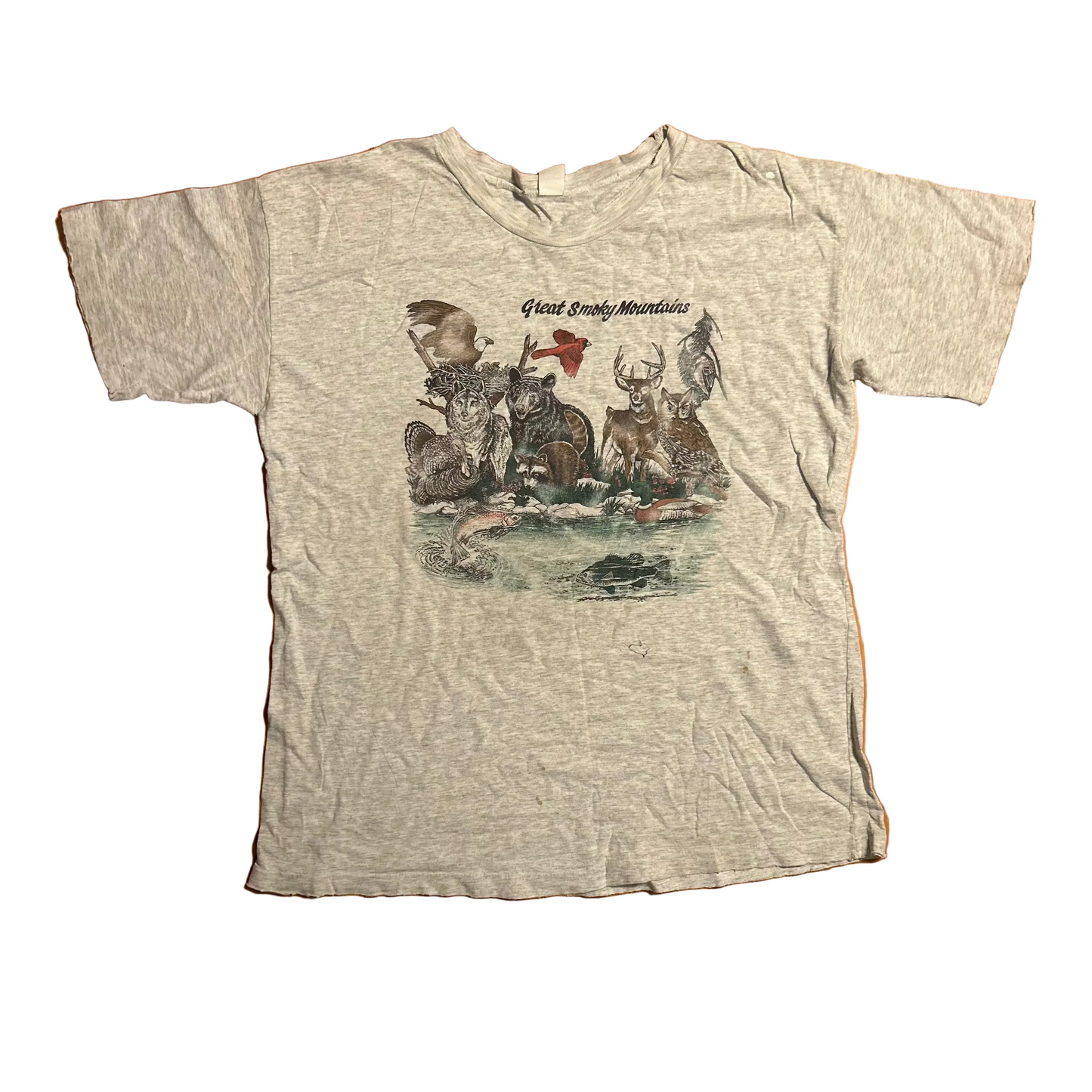 80/90's Great Smoky Mountains Animals Nature Grey Distressed Tshirt - Large - 22.5" x 28.5"