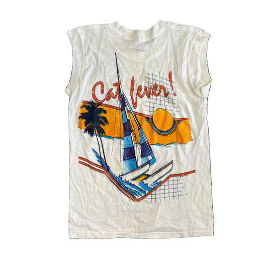 80’s Pensacola Beach Florida Cat Fever White Tank Top Shirt - XSmall - 15" x 22.5"