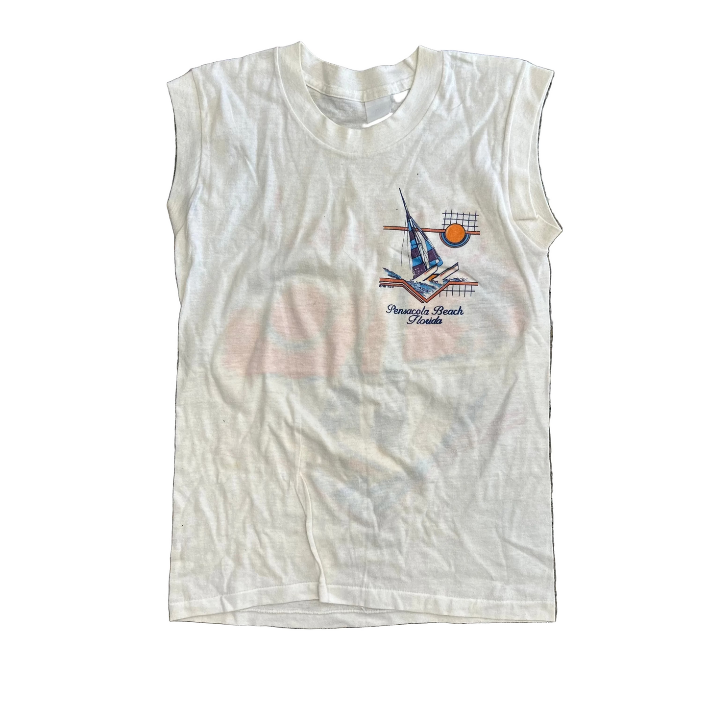 80’s Pensacola Beach Florida Cat Fever White Tank Top Shirt - XSmall - 15" x 22.5"