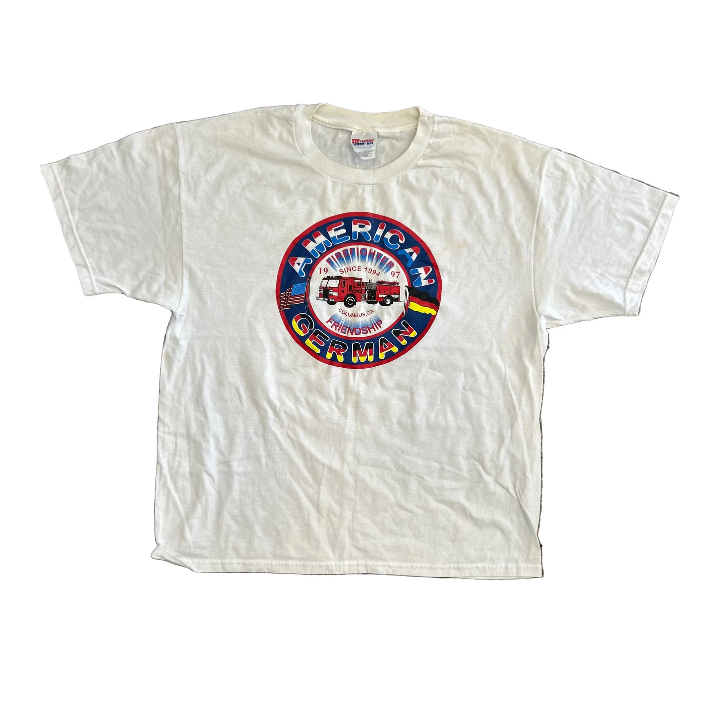 90’s Hanes Heavyweight American German Firefighter Friendship White Tshirt - XLarge - 24" x 28.5"