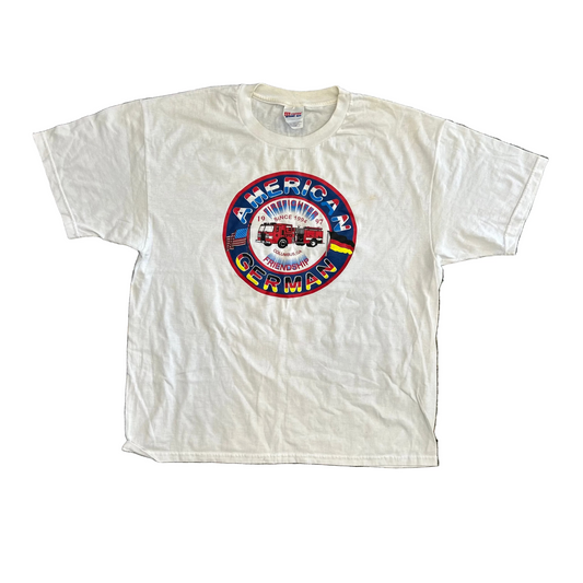 90’s Hanes Heavyweight American German Firefighter Friendship White Tshirt - XLarge - 24" x 28.5"