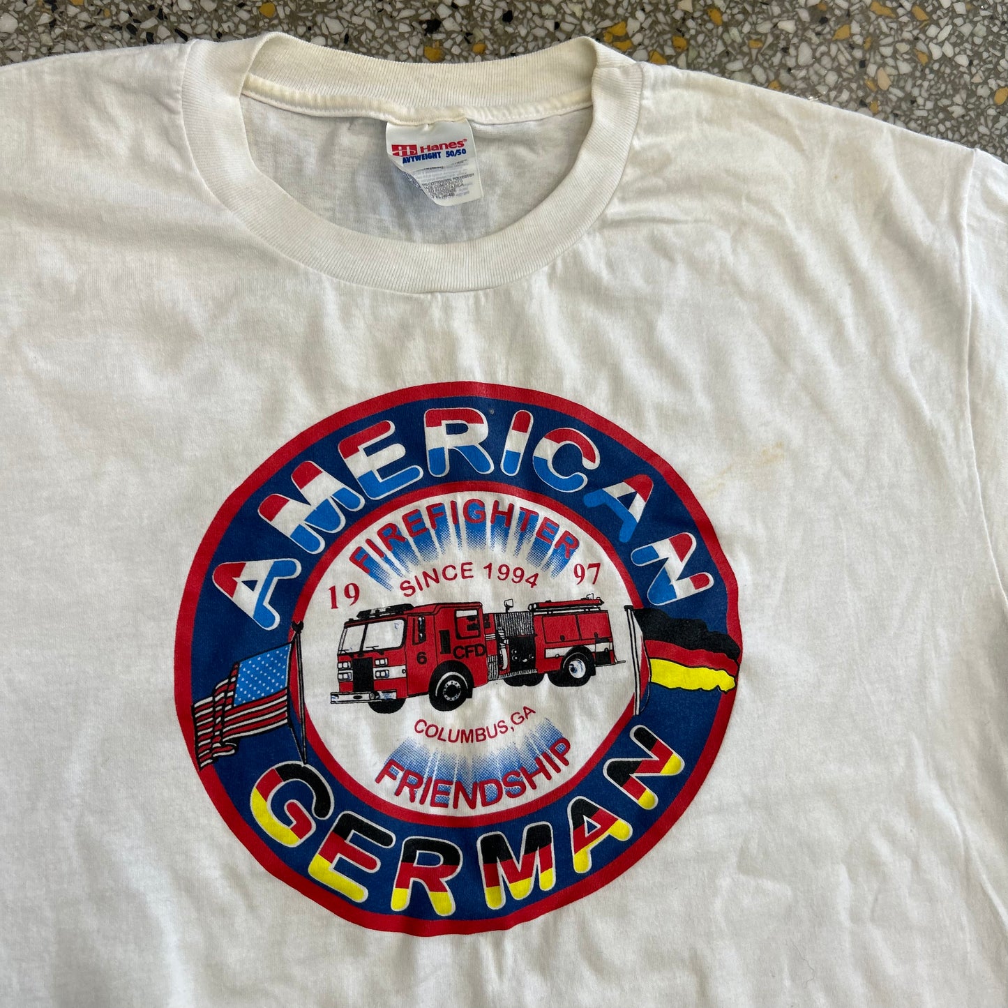 90’s Hanes Heavyweight American German Firefighter Friendship White Tshirt - XLarge - 24" x 28.5"