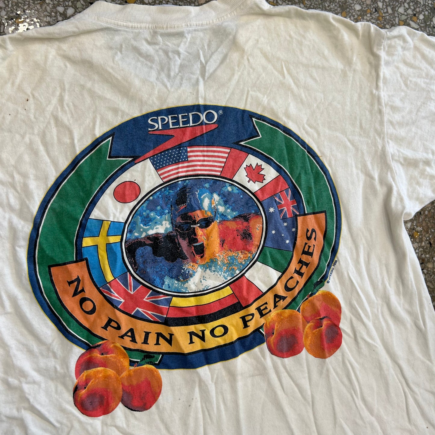90’s Speedo No Pain No Peaches White Tshirt - Large - 22" x 27"