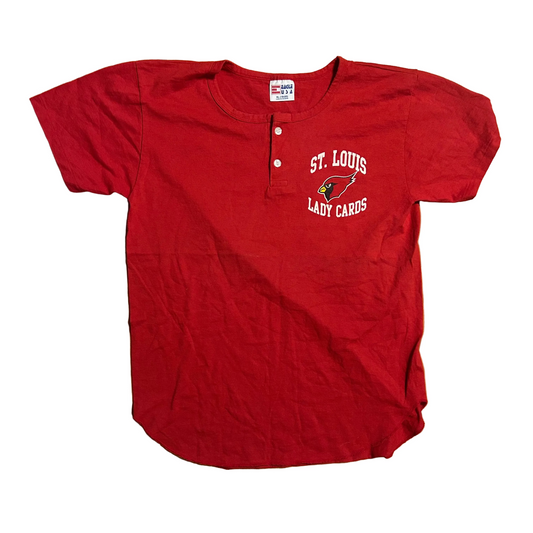 80/90's St Louis Lady Cards Red Quarter Button Tshirt - Small - 19" x 26"