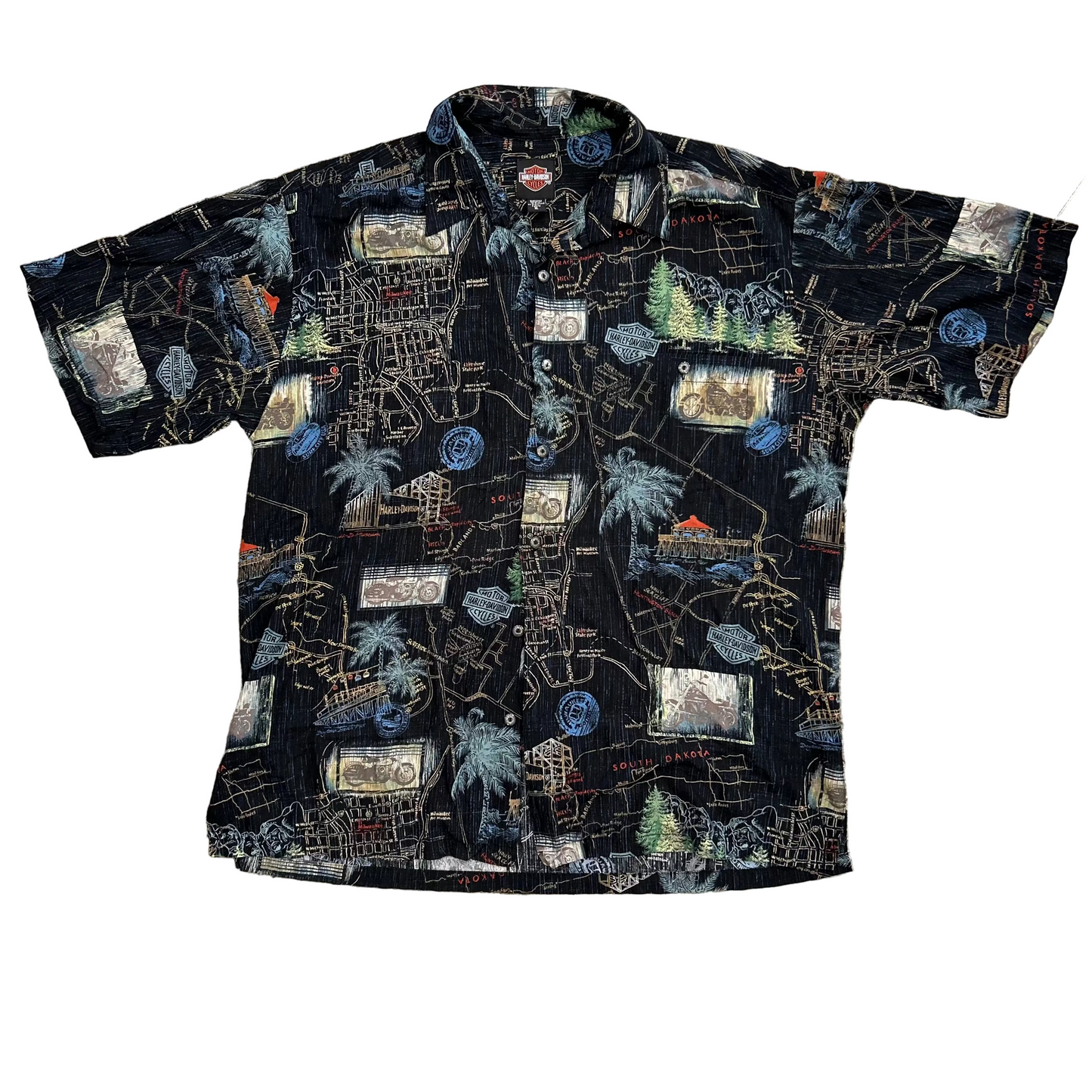 Harley Davidson Hawaiian Rayon Button Up Black Shirt - XLarge - 25" x 30"