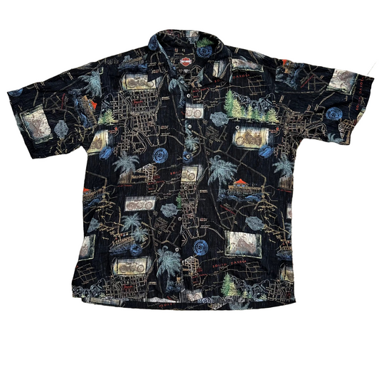 Harley Davidson Hawaiian Rayon Button Up Black Shirt - XLarge - 25" x 30"