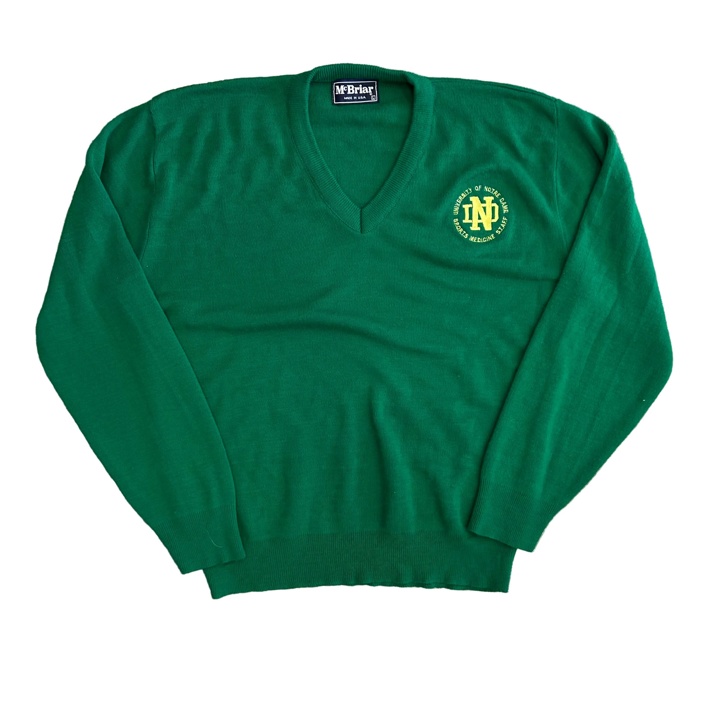 80’s McBriar Notre Dame Sports Medicine Green Acrylic VNeck Sweater - Medium - 21" x 24"