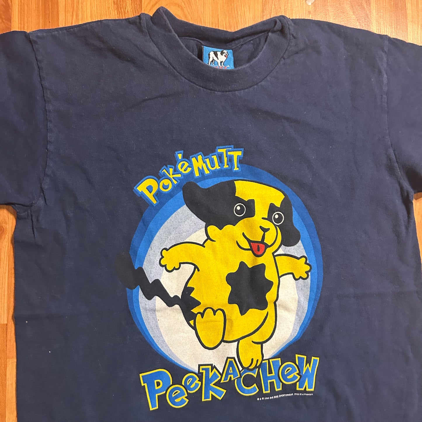 90's Big Dog Pokemtt Peekachew Pokemon Pikachu Navy Blue Parody Tshirt - XSmall - 16.5" x 23"