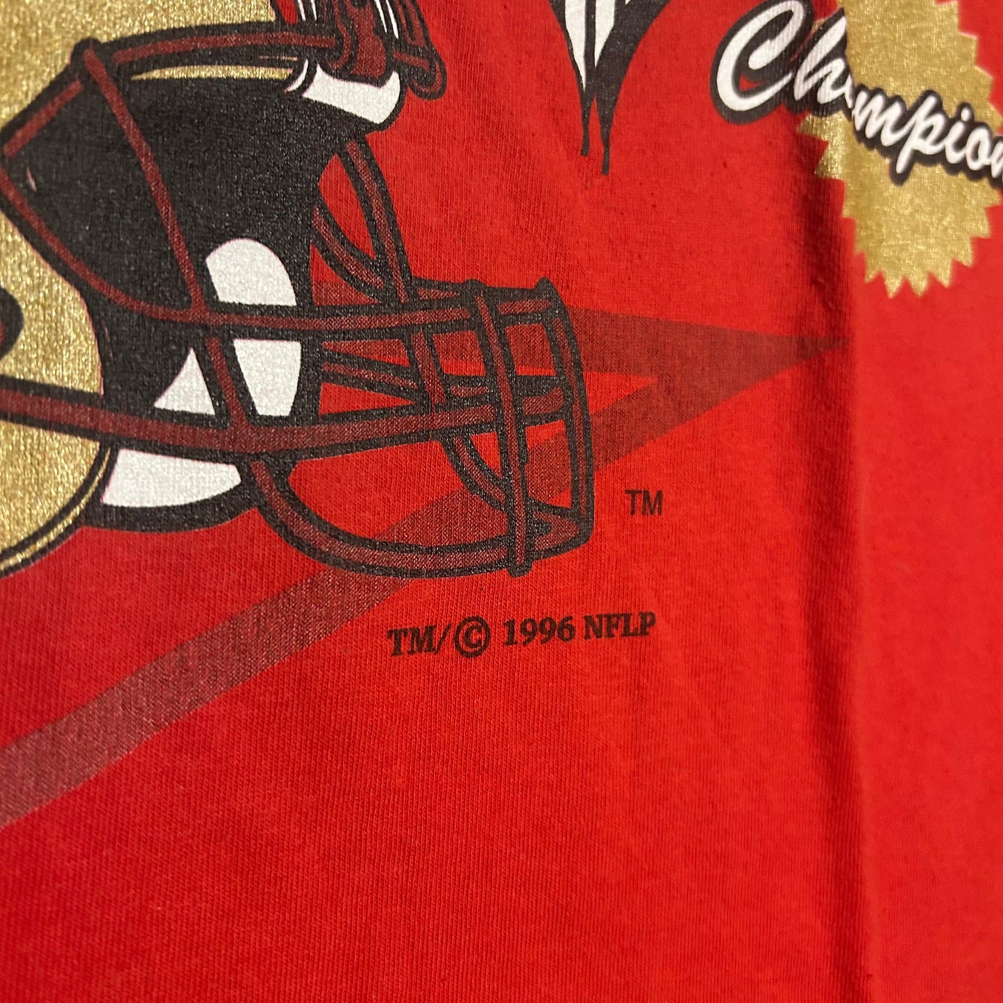 90's 1996 San Francisco 49ers Cotton Tradition Champions Team NFL Football Esleep Red Sleep Tshirt - XLarge - 24" x 35"