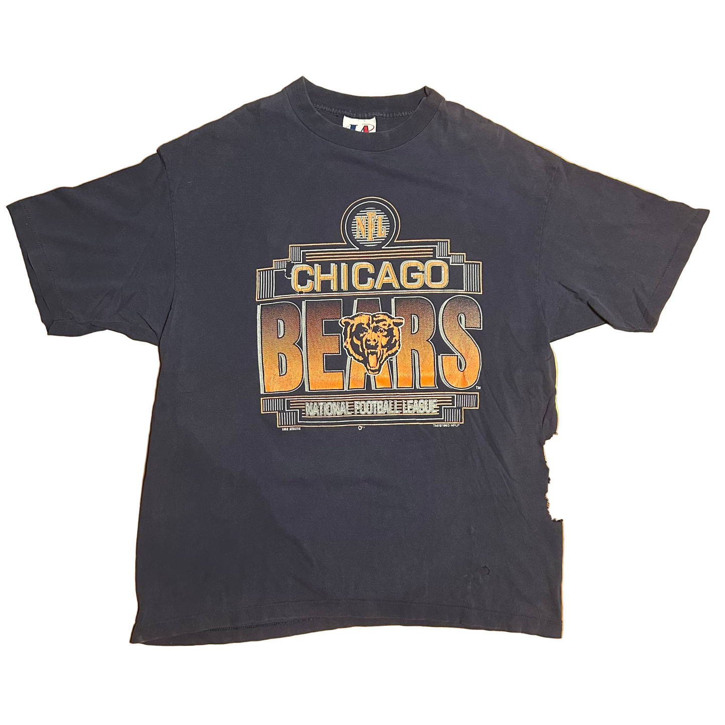 90's Logo Athletic 1993 Chicago Bears Cotton NFL Football Navy Blue Distressed Tshirt - XLarge - 24" x 31"