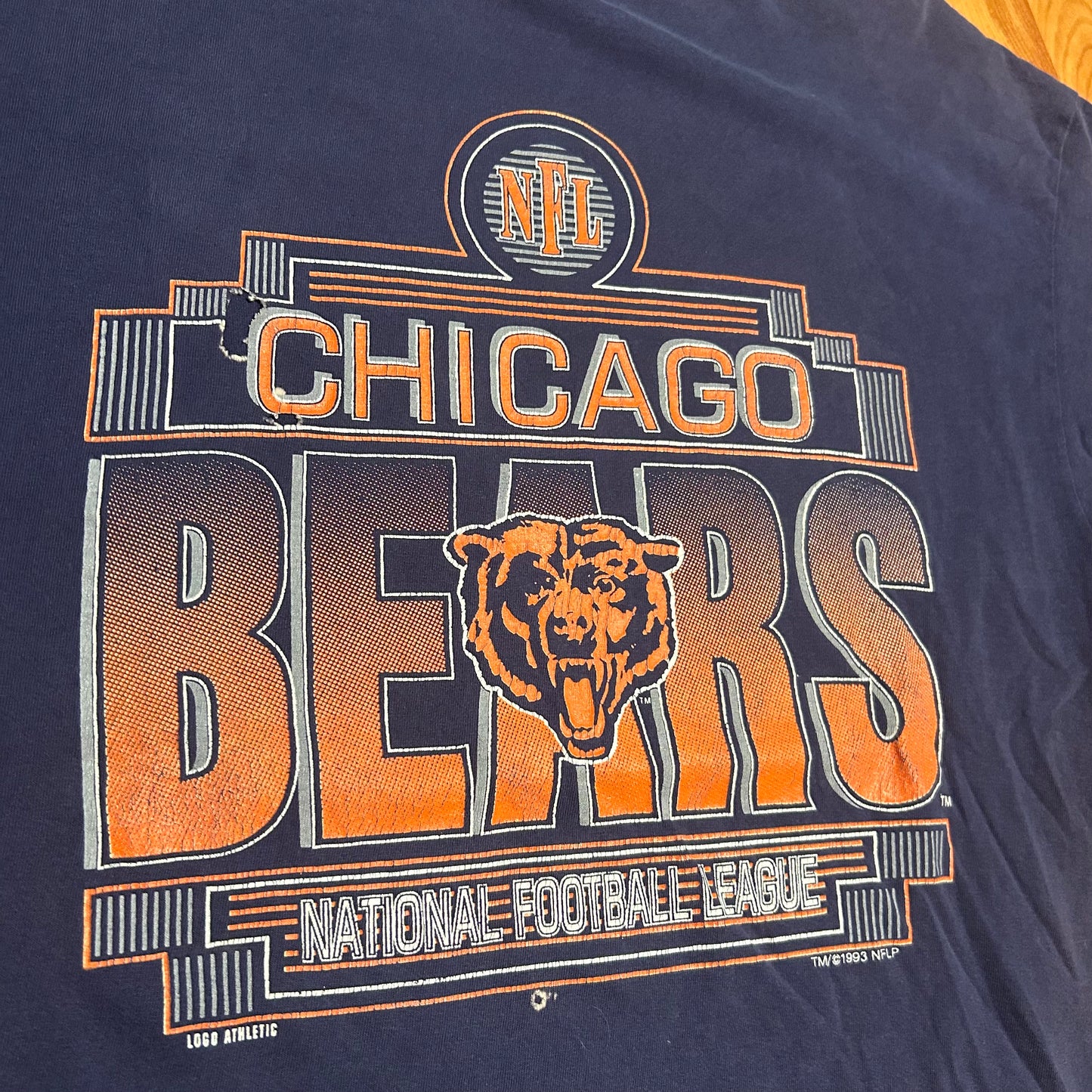 90's Logo Athletic 1993 Chicago Bears Cotton NFL Football Navy Blue Distressed Tshirt - XLarge - 24" x 31"