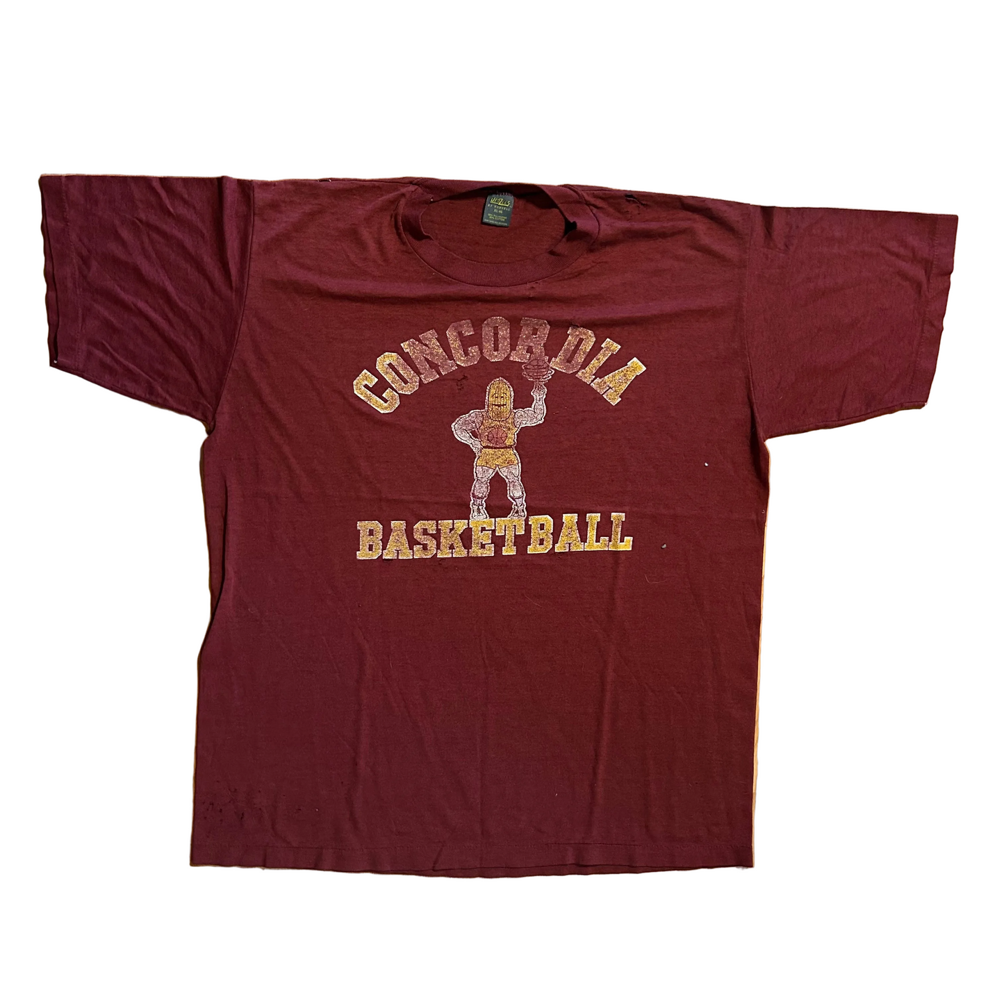 80's Jerzees Russell Concordia Basketball Maroon Red Paper Thin Tshirt - Large - 22" x 27"