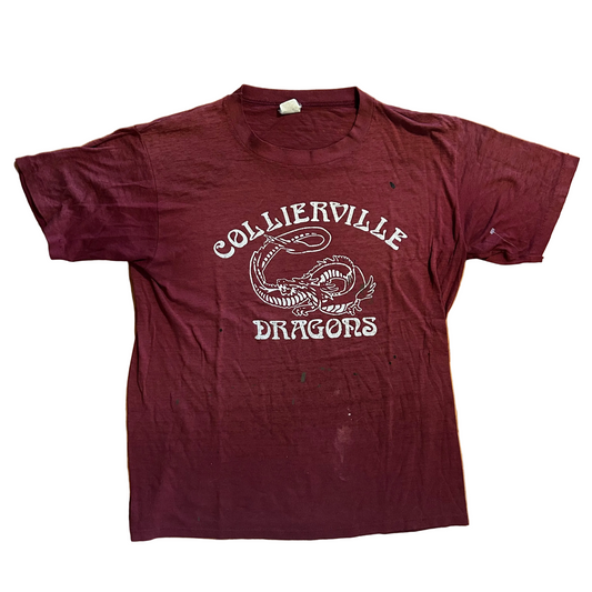80's Gulf Coast Sportswear Collierville Dragons Red Maroon Paper Thin Tshirt - Medium - 21" x 27"