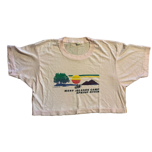 80's Screen Stars Many Islands Camp Spring River Pink Tshirt - Cropped Small - 19.5" x 15.5"