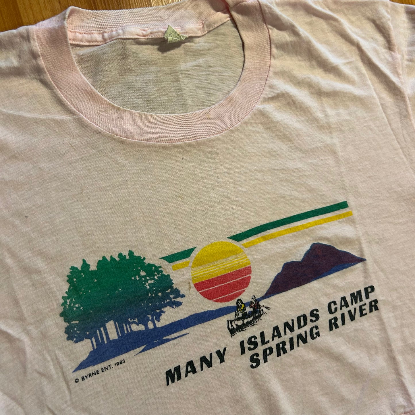 80's Screen Stars Many Islands Camp Spring River Pink Tshirt - Cropped Small - 19.5" x 15.5"