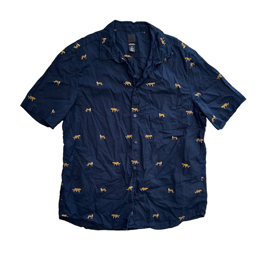 H&M Tiger Cheetah Navy Blue Button Up Shirt - Large - 22" x 29"
