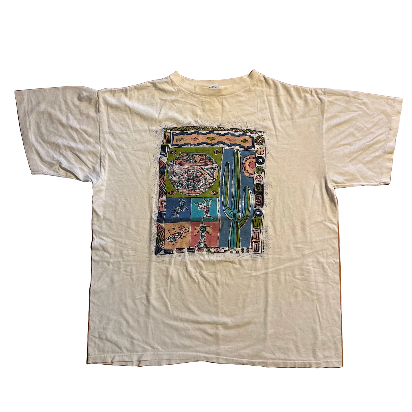 90's Cyrk Inc Kokopelli Cactus Southwestern Art White Tshirt - XLarge - 25.5" x 29.5"