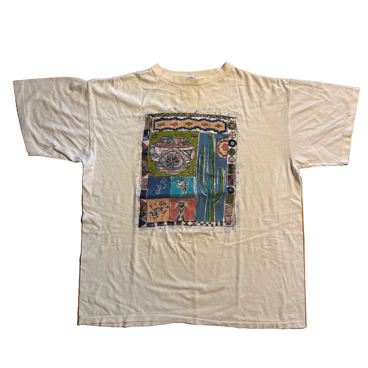 90's Cyrk Inc Kokopelli Cactus Southwestern Art White Tshirt - XLarge - 25.5" x 29.5"
