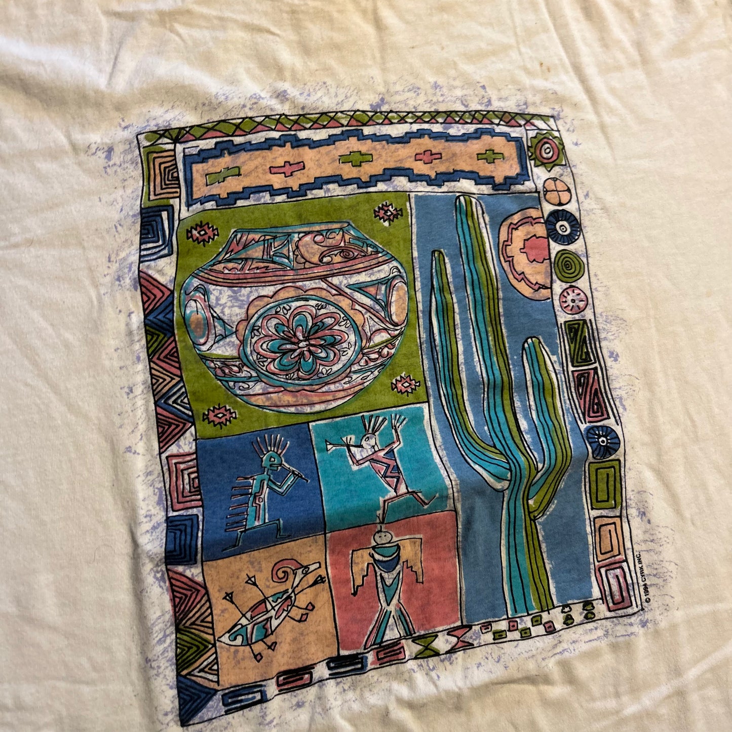90's Cyrk Inc Kokopelli Cactus Southwestern Art White Tshirt - XLarge - 25.5" x 29.5"