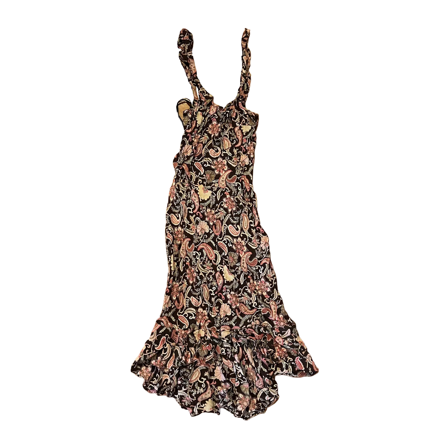 CDC Floral Rayon Brown Dress - Tagged 8 - 12" x 44"