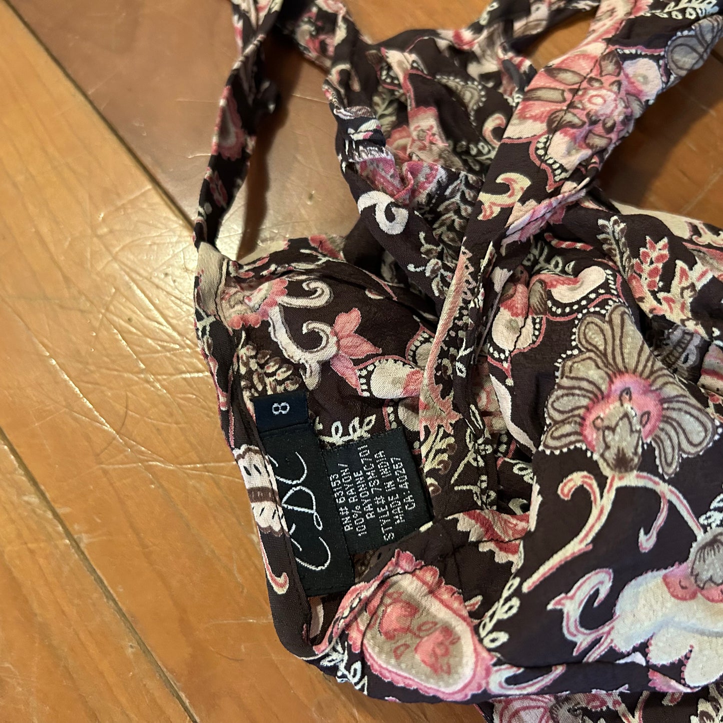 CDC Floral Rayon Brown Dress - Tagged 8 - 12" x 44"