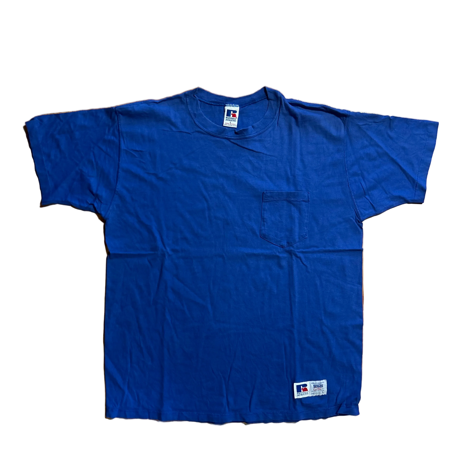 90's Russell Athletic Blue Blank Pocket Tshirt - Large - 22" x 28"
