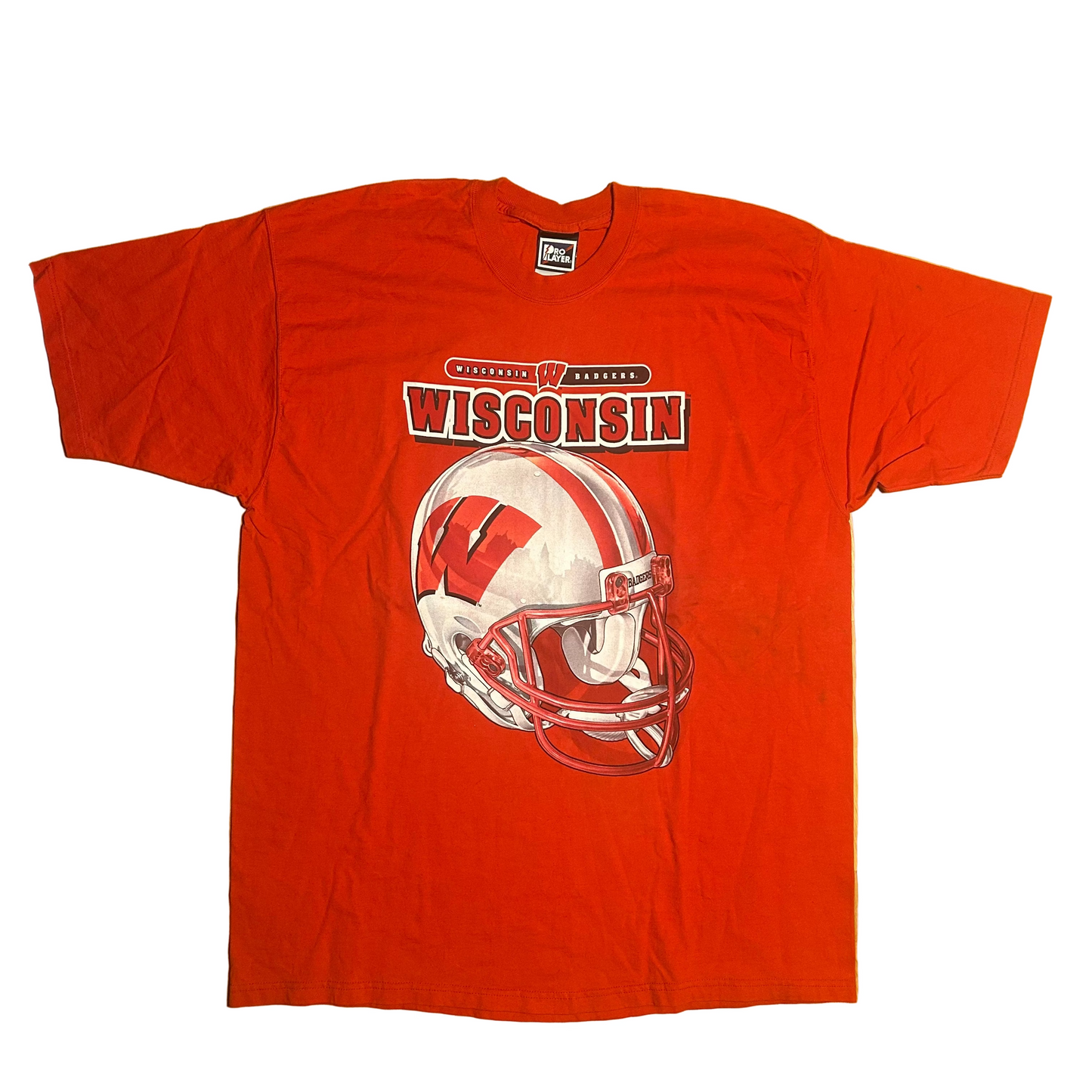 Pro Layer Wisconsin Badgers Football Helmet University College Red Cotton Tshirt - XLarge - 25” x 33”