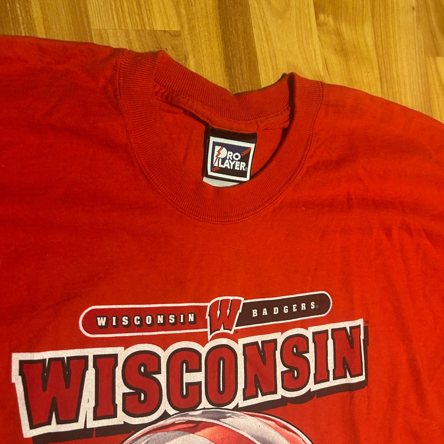 Pro Layer Wisconsin Badgers Football Helmet University College Red Cotton Tshirt - XLarge - 25” x 33”