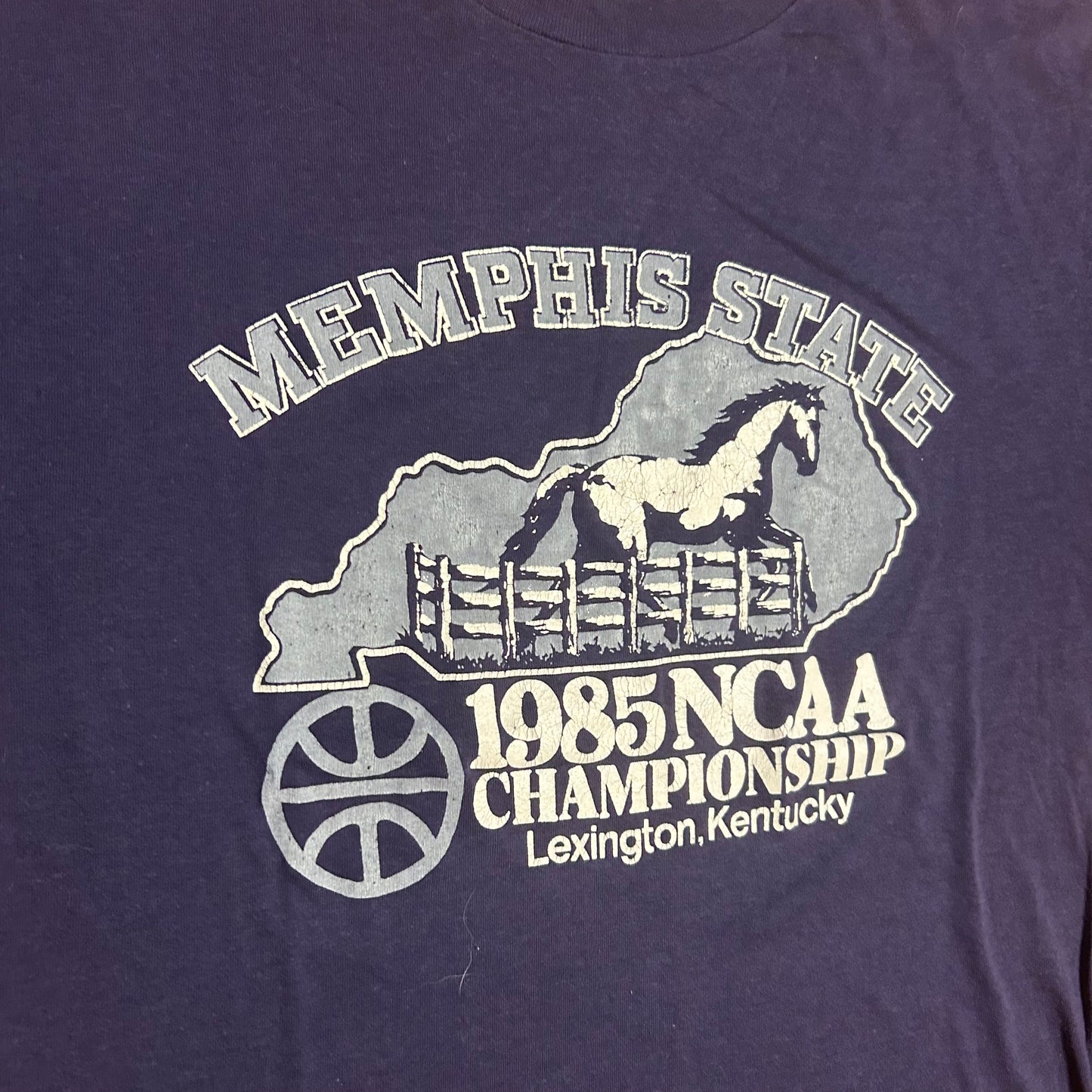 80/90’s Memphis State 1985 NCAA Basketball Championship Navy 50/50 Cotton Polyester College Tshirt - Medium - 21” x 27”