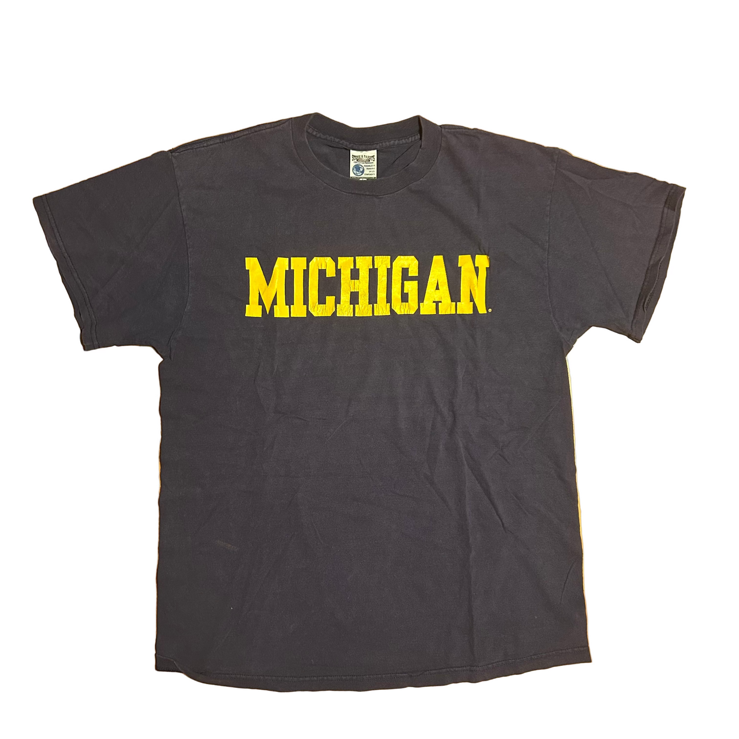 Steve and Barry’s Michigan University Wolverines Navy Blue Yellow Cotton College Tshirt - Medium - 21.5” x 29”