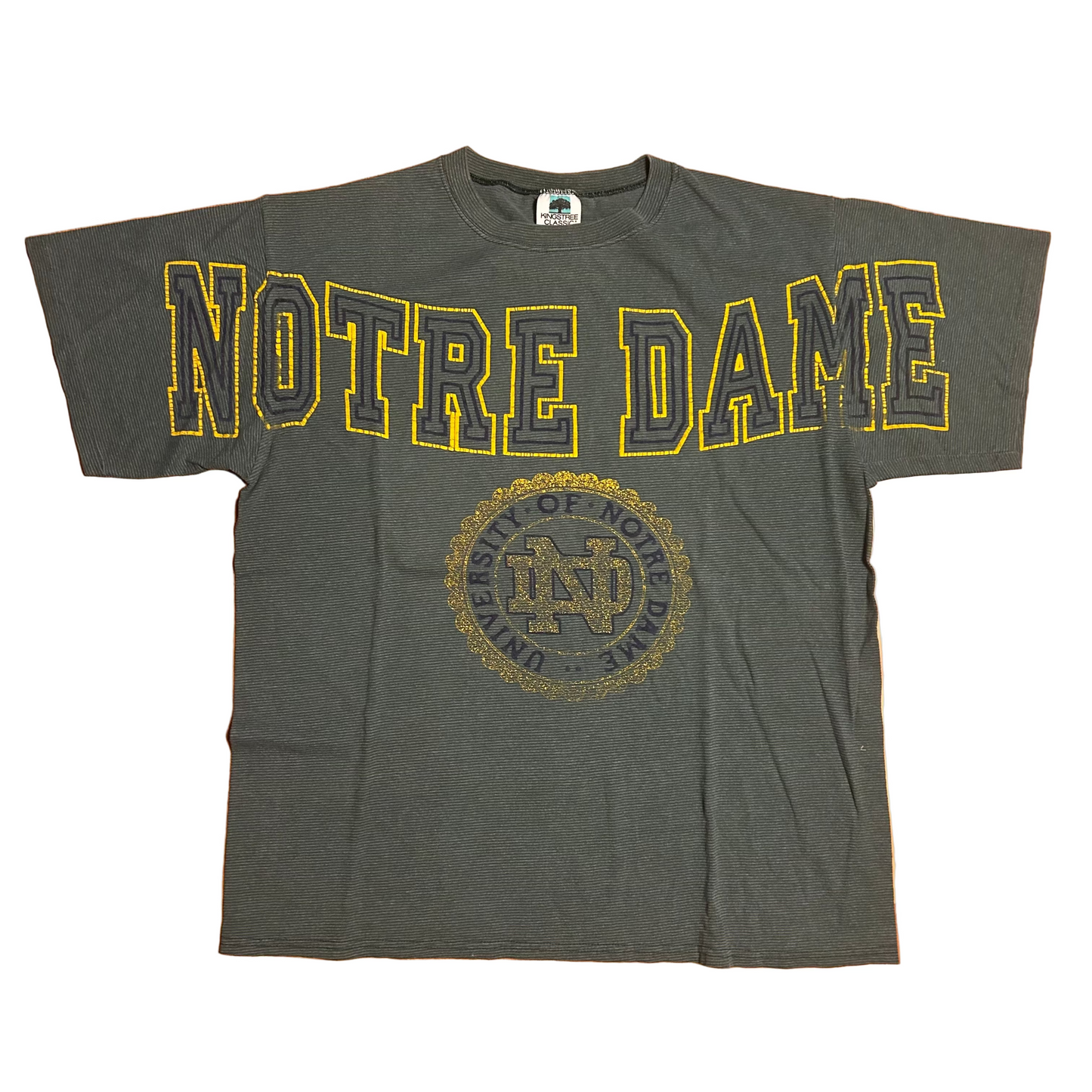 90’s Kingstree Classic Notre Dame University Fighting Irish Green College Striped 75/25 Cotton Polyester Tshirt - Large - 23” x 28”