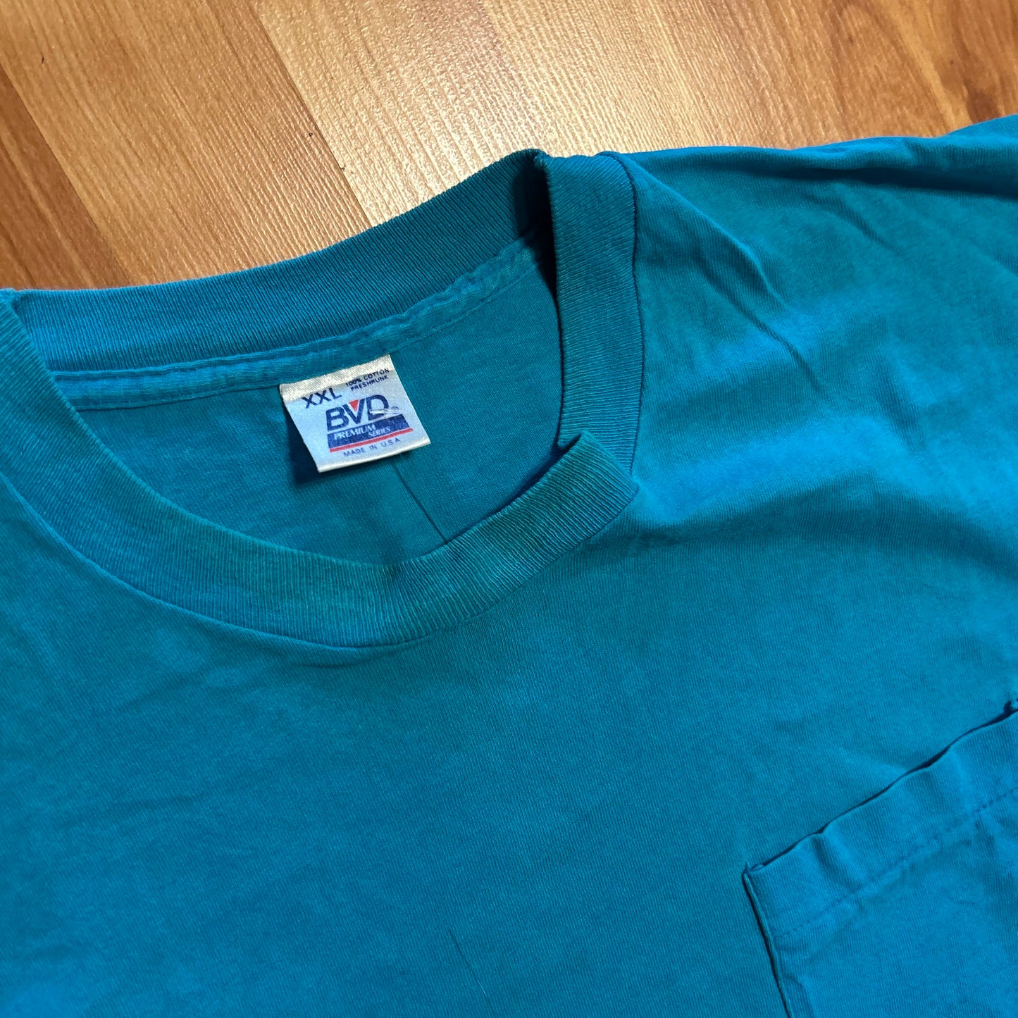 90's BVD Teal Blue Green Selvedge Pocket Blank Tshirt - XLarge - 24.5" x 33"