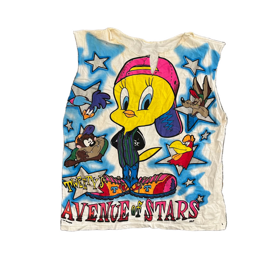 90's Looney Tunes Airbrushed White Cutoff Tanktop Shirt - Large - 22" x 27"
